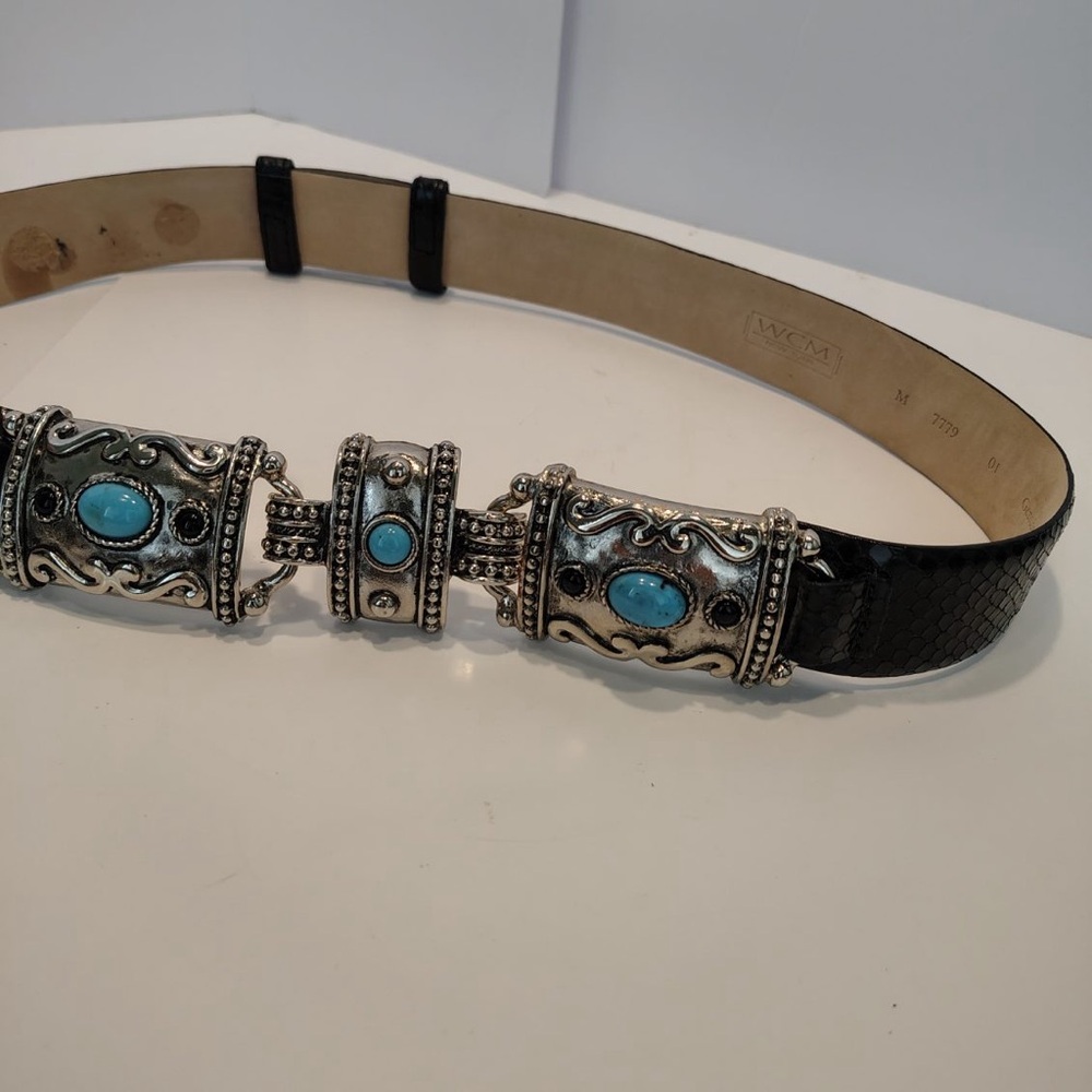 WCM New York ITALIAN Leather Luxury Black Belt Turquoise Western Women M - Picture 15 of 15